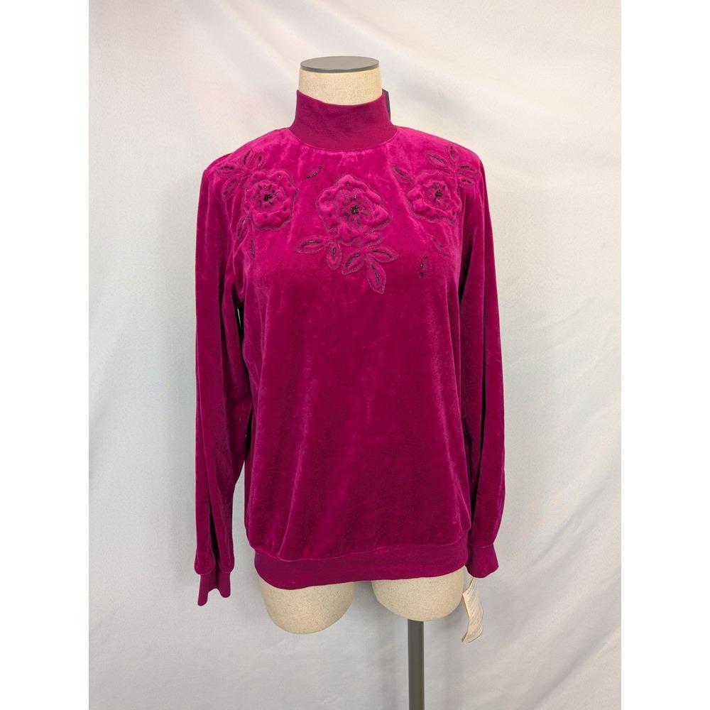 Vintage Napa Valley Top Womens Small Merlot Velour Floral Beaded Mock Neck NWT
